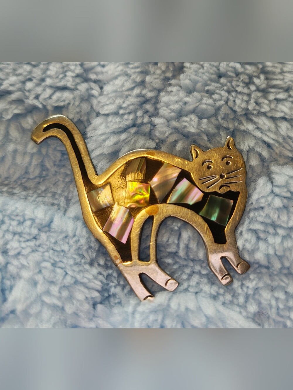 Vintage Mexican Alpaca Silver And Abalone Cat Brooch